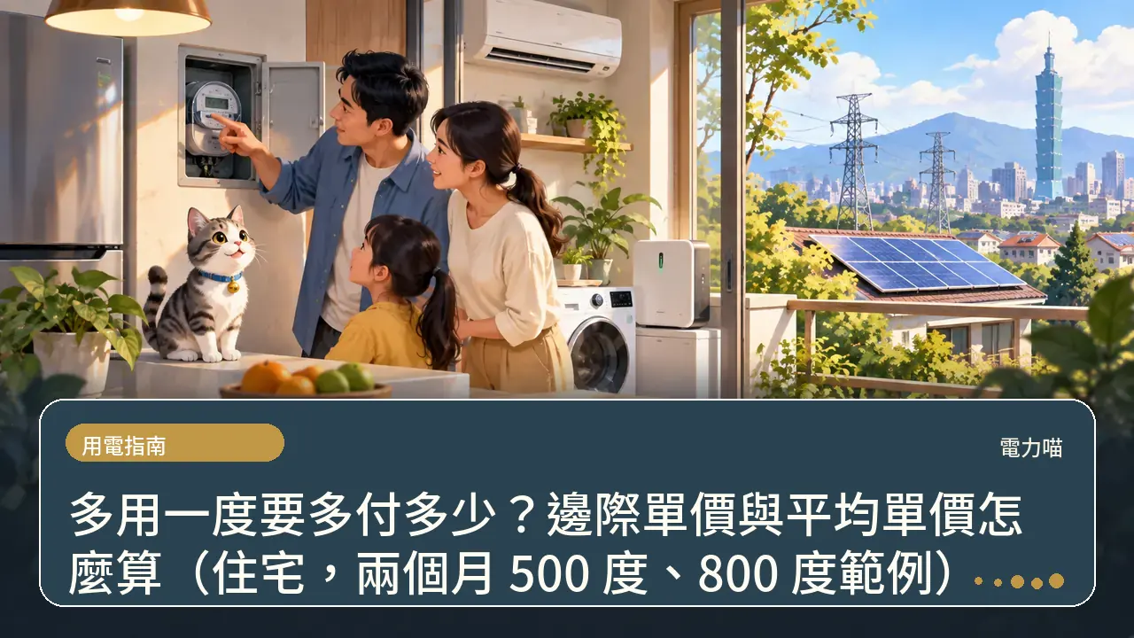 多用一度要多付多少?邊際單價與平均單價怎麼算(住宅,兩個月 500 度、800 度範例)主題插畫