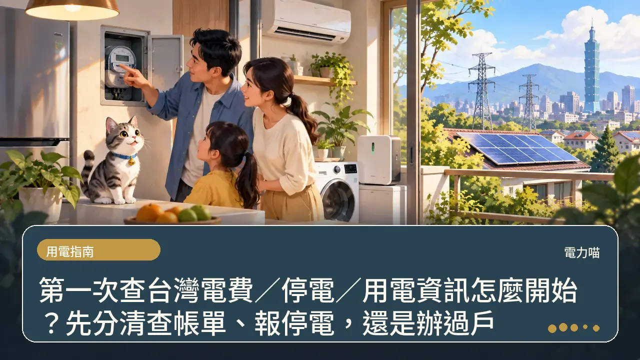 第一次查台灣電費/停電/用電資訊怎麼開始?先分清查帳單、報停電,還是辦過戶主題插畫