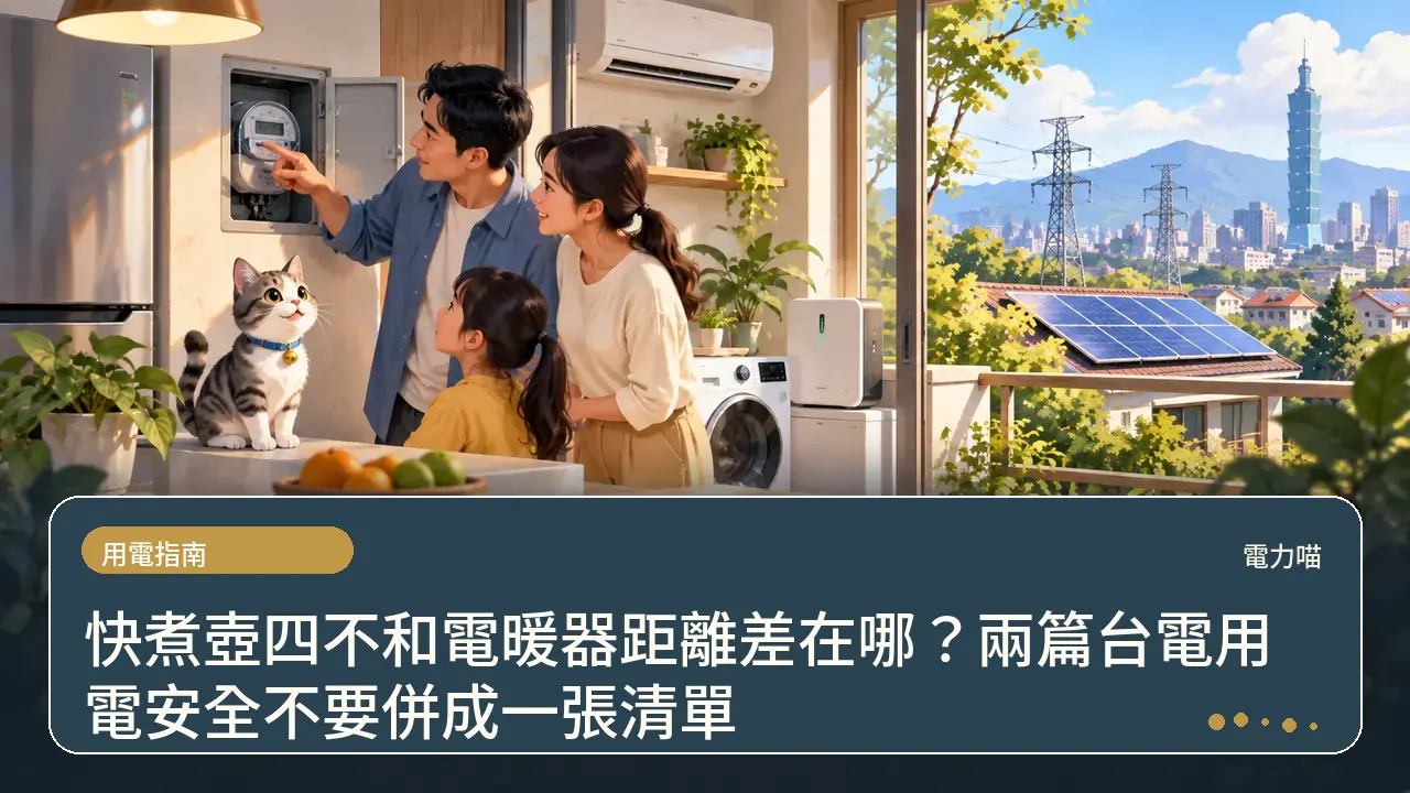 快煮壺四不和電暖器距離差在哪？兩篇台電用電安全不要併成一張清單主題插畫