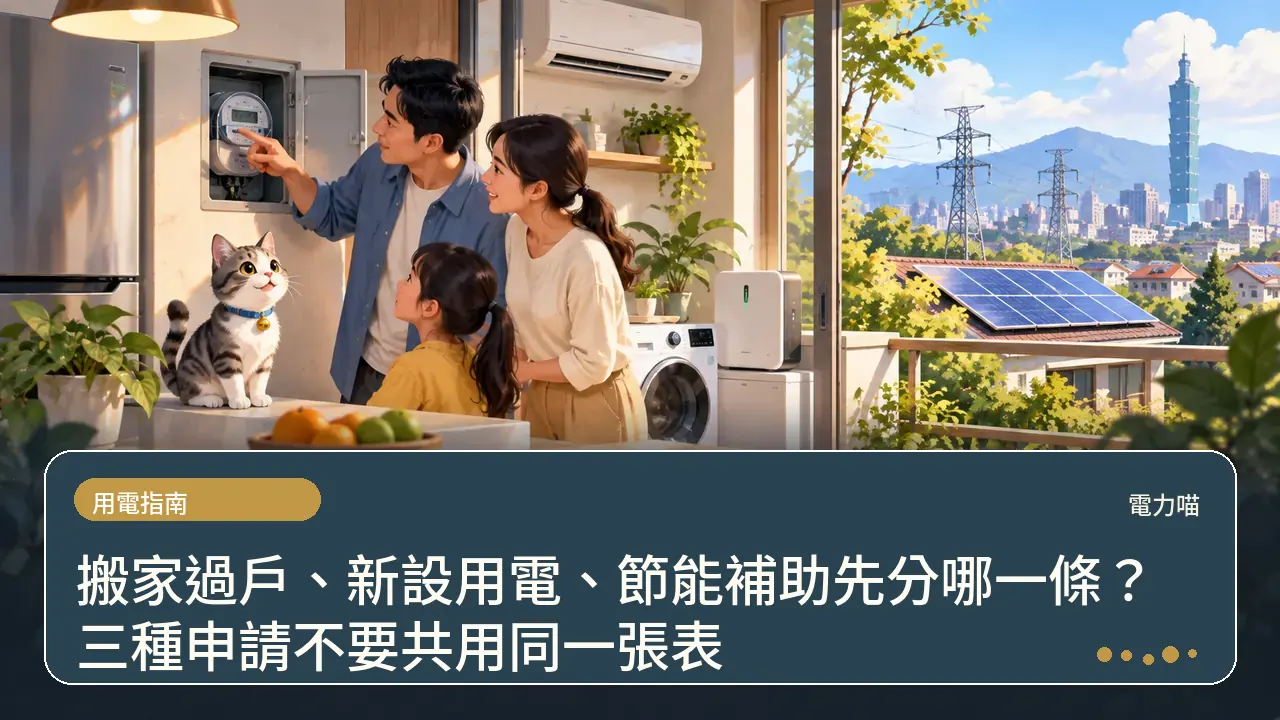 搬家過戶、新設用電、節能補助先分哪一條？三種申請不要共用同一張表主題插畫