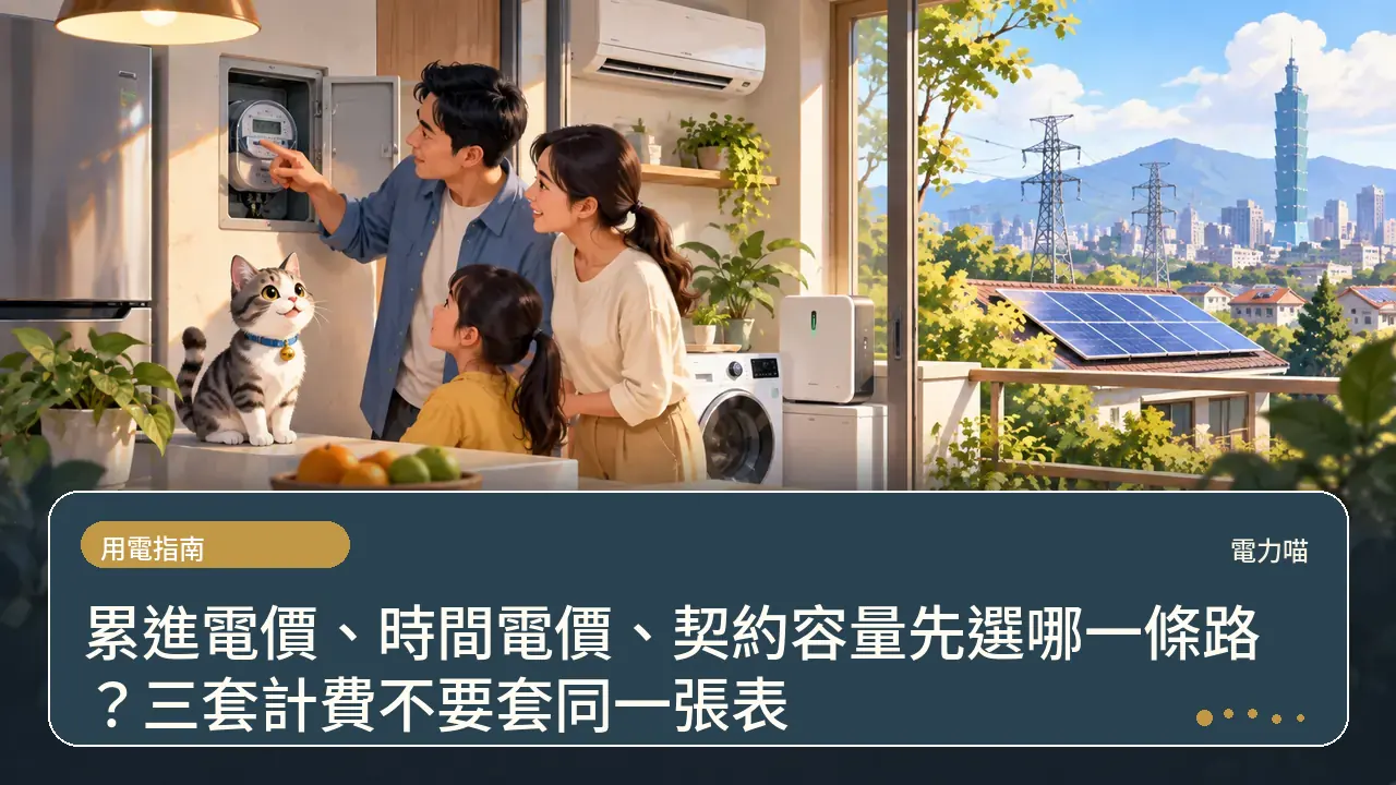 累進電價、時間電價、契約容量先選哪一條路?三套計費不要套同一張表主題插畫
